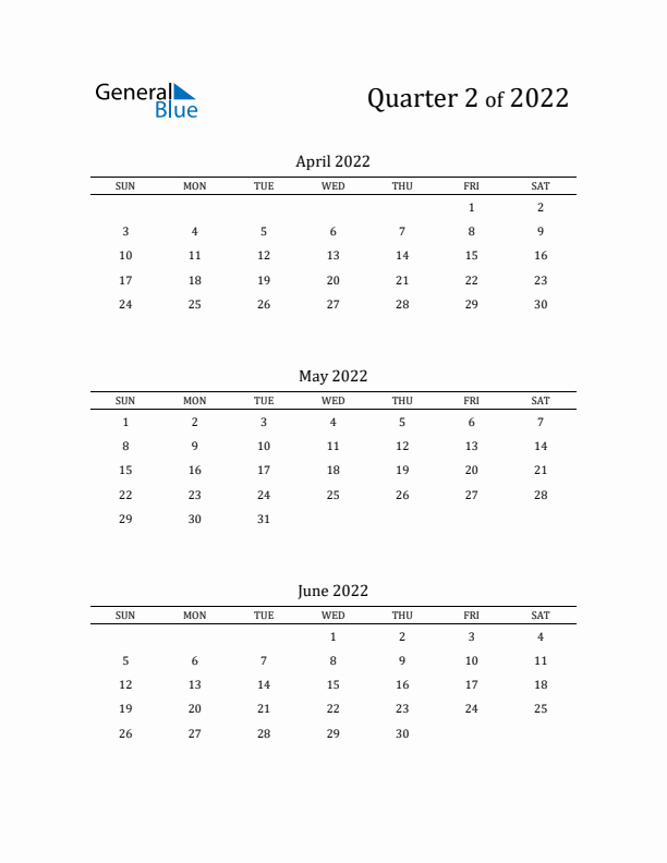 2022 Three-Month Calendar with Sunday Start - Quarter 2