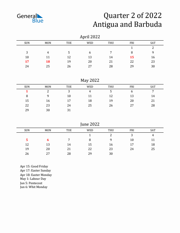 Quarter 2 2022 Antigua and Barbuda Quarterly Calendar