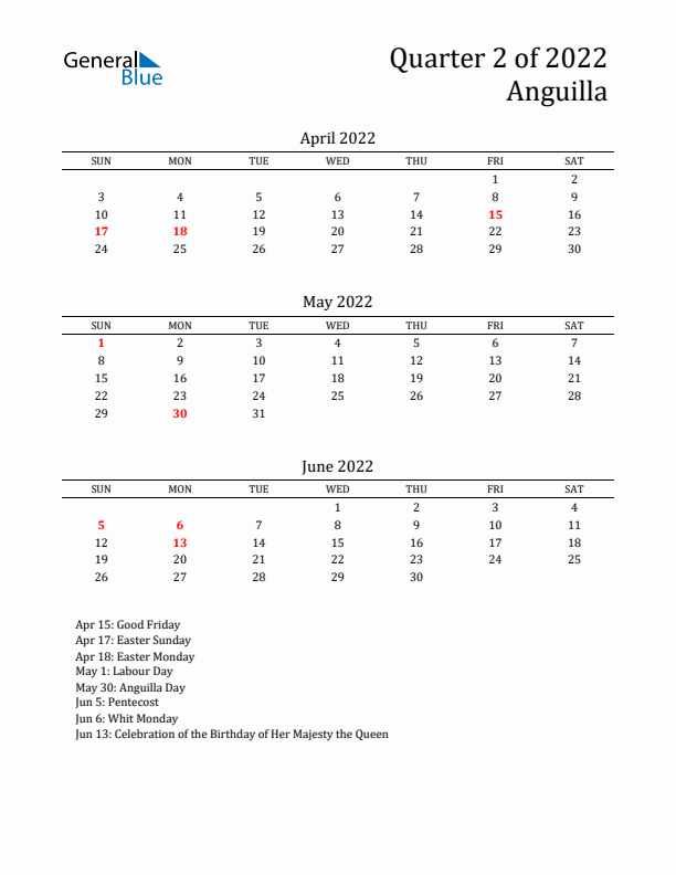 Quarter 2 2022 Anguilla Quarterly Calendar