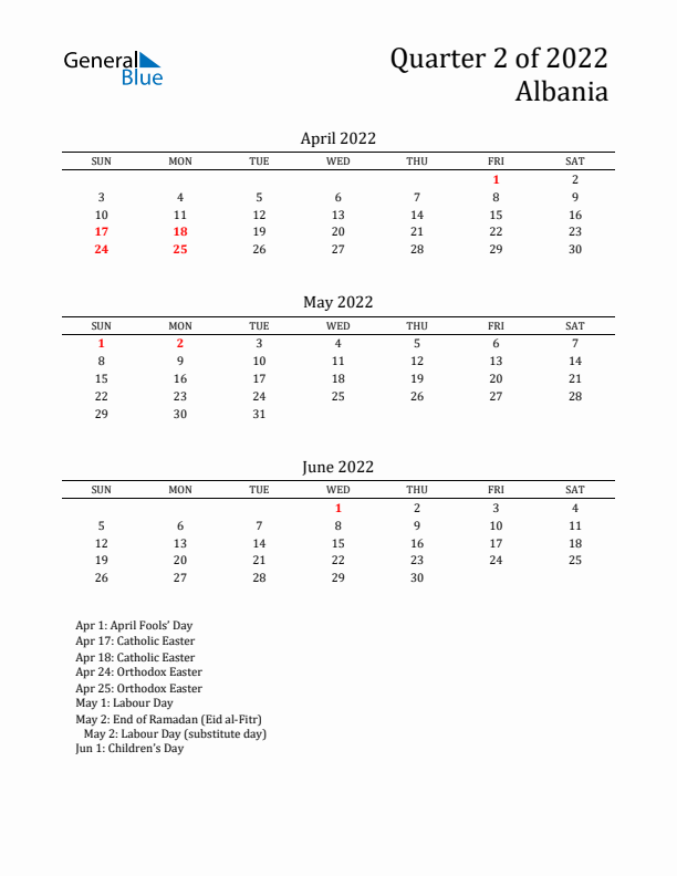 Quarter 2 2022 Albania Quarterly Calendar