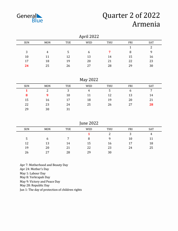 Quarter 2 2022 Armenia Quarterly Calendar