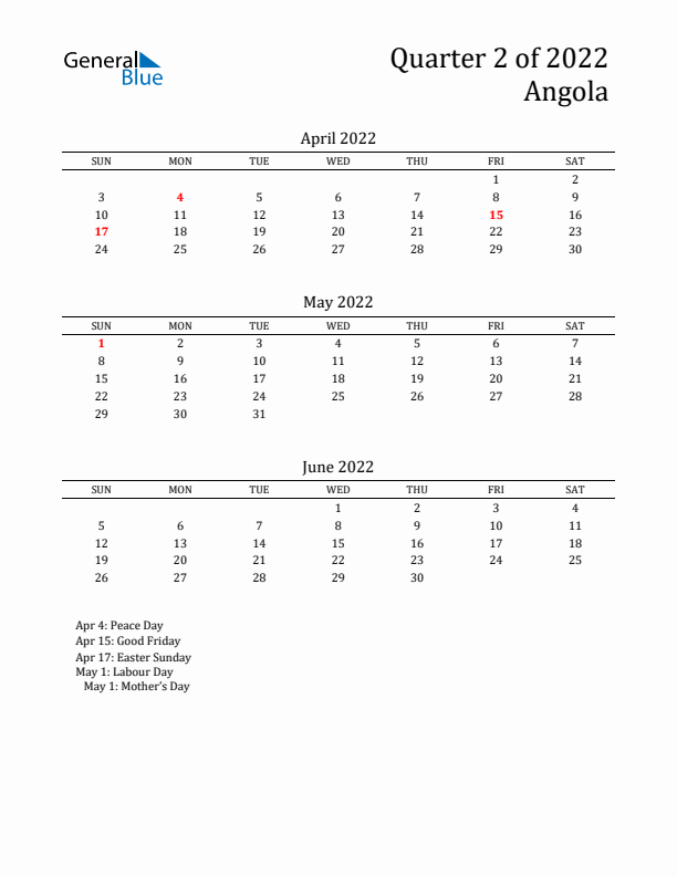 Quarter 2 2022 Angola Quarterly Calendar