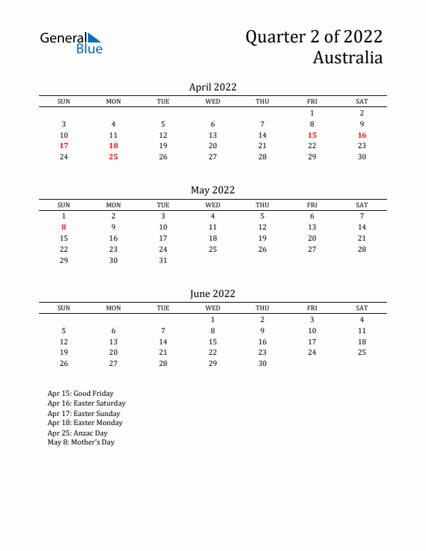 Quarter 2 2022 Australia Quarterly Calendar