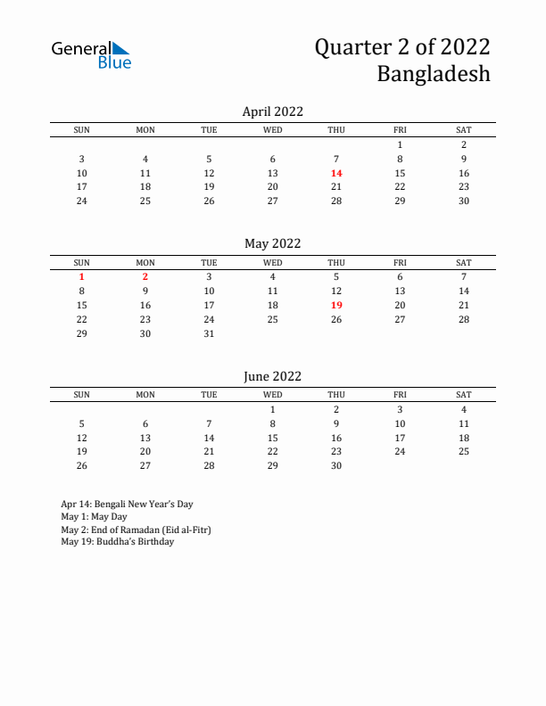 Quarter 2 2022 Bangladesh Quarterly Calendar