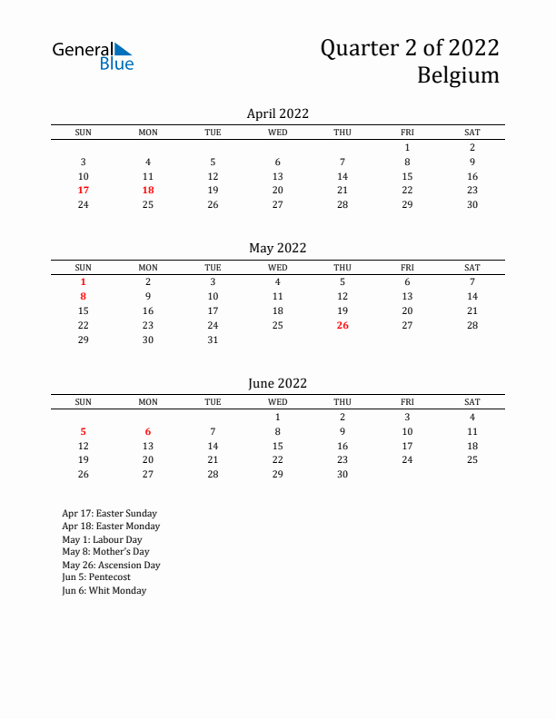 Quarter 2 2022 Belgium Quarterly Calendar