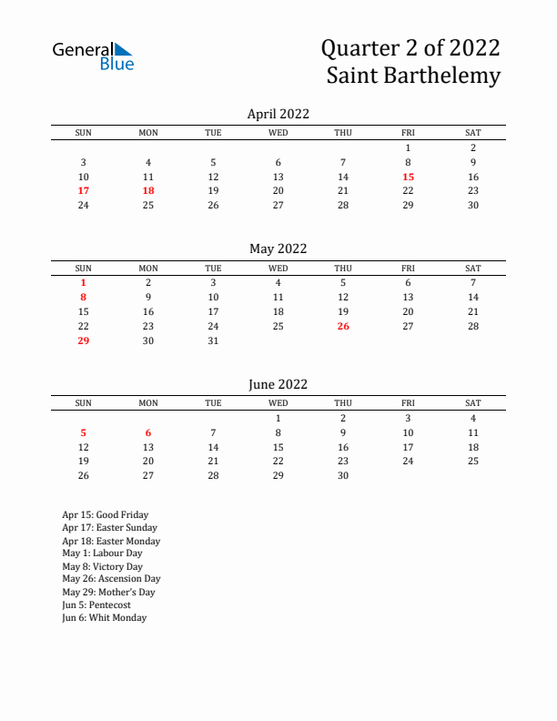 Quarter 2 2022 Saint Barthelemy Quarterly Calendar