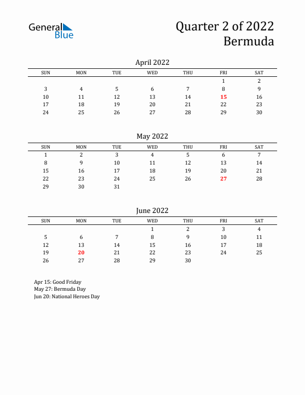 Quarter 2 2022 Bermuda Quarterly Calendar