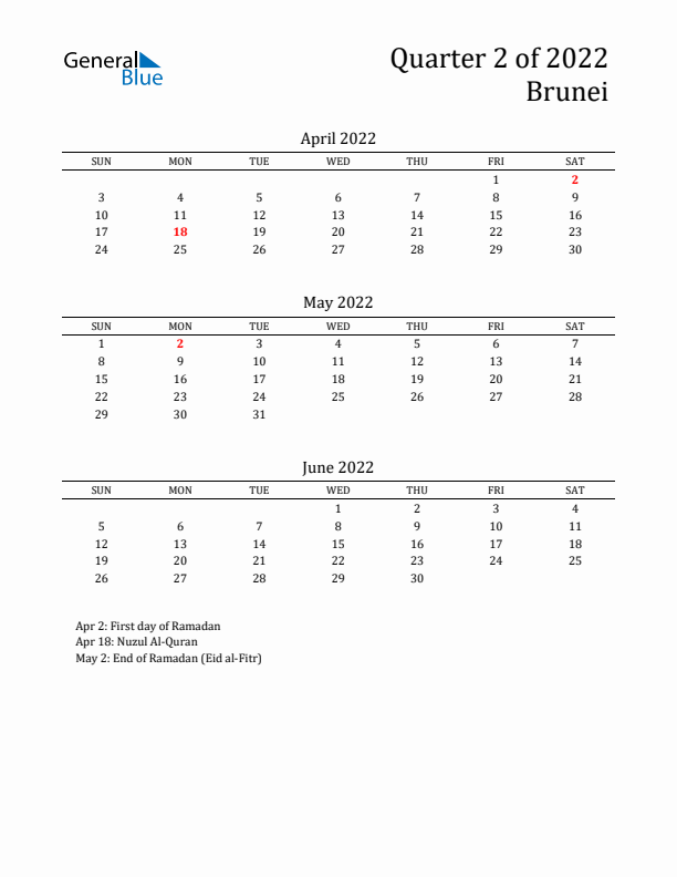 Quarter 2 2022 Brunei Quarterly Calendar