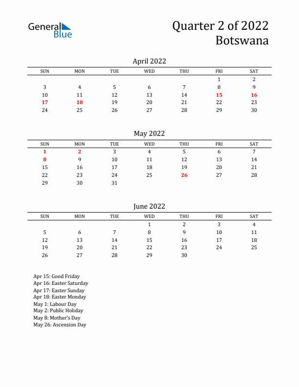 Quarter 2 2022 Botswana Quarterly Calendar