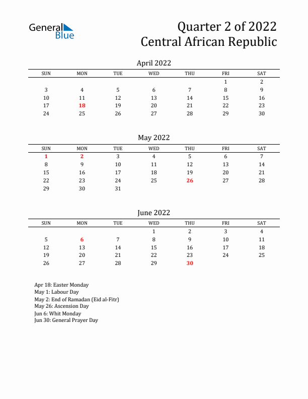 Quarter 2 2022 Central African Republic Quarterly Calendar