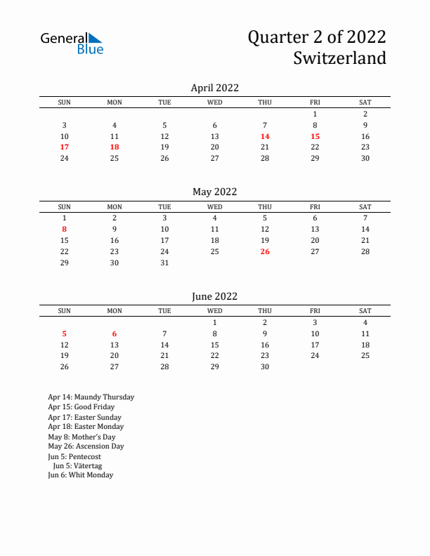 Quarter 2 2022 Switzerland Quarterly Calendar