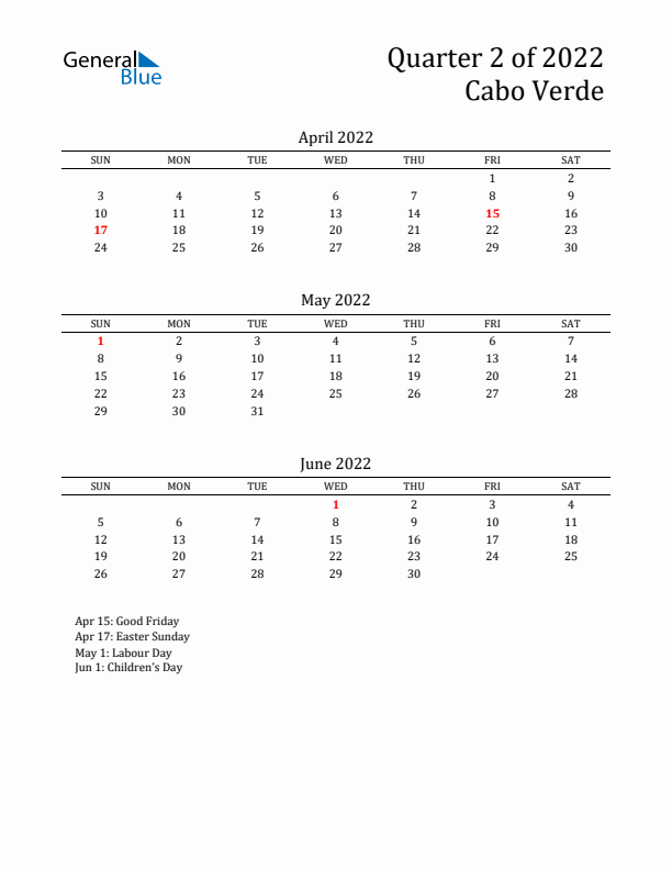 Quarter 2 2022 Cabo Verde Quarterly Calendar