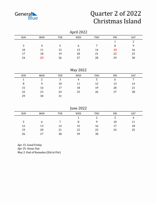 Quarter 2 2022 Christmas Island Quarterly Calendar