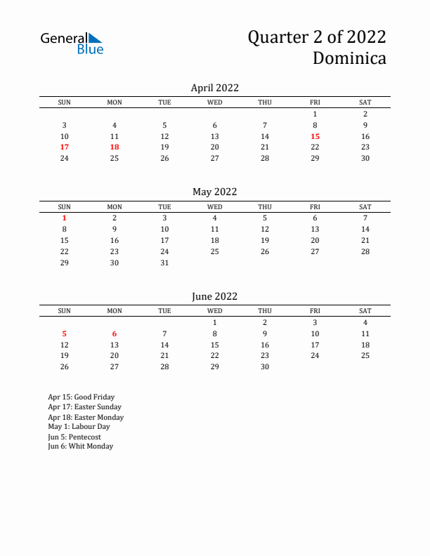 Quarter 2 2022 Dominica Quarterly Calendar