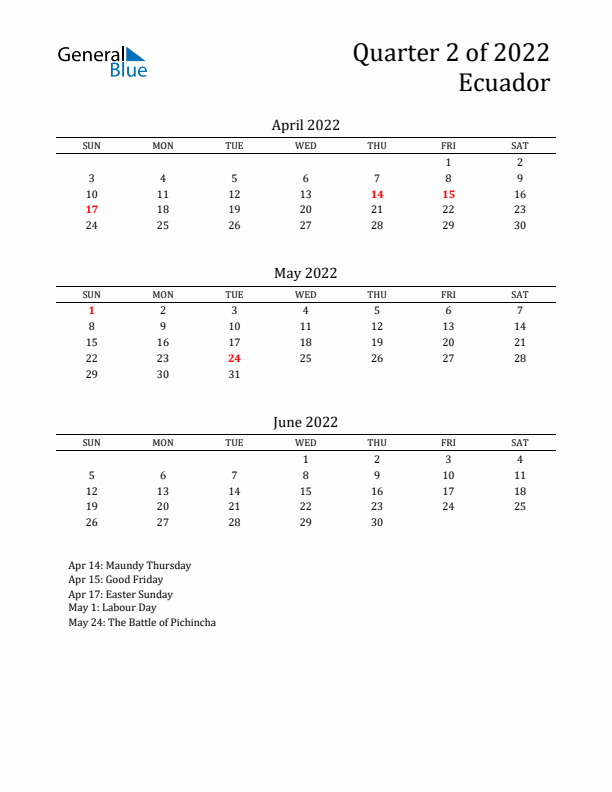 Quarter 2 2022 Ecuador Quarterly Calendar