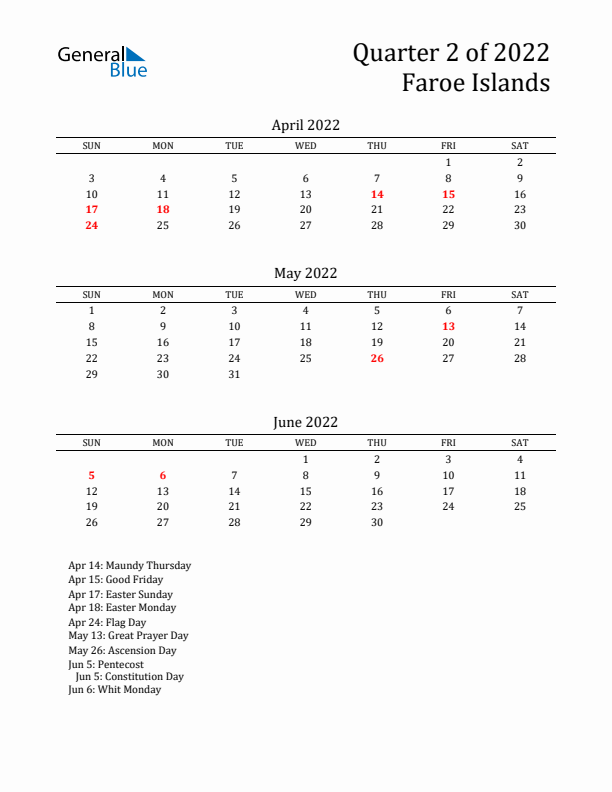 Quarter 2 2022 Faroe Islands Quarterly Calendar