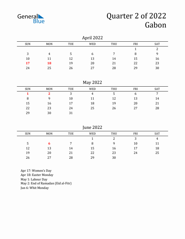 Quarter 2 2022 Gabon Quarterly Calendar