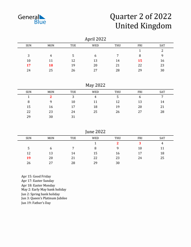 Quarter 2 2022 United Kingdom Quarterly Calendar