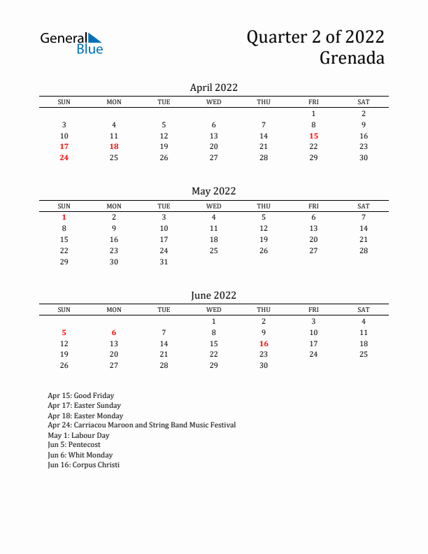 Quarter 2 2022 Grenada Quarterly Calendar