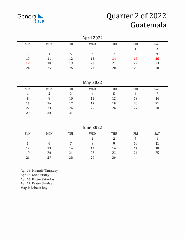 Quarter 2 2022 Guatemala Quarterly Calendar