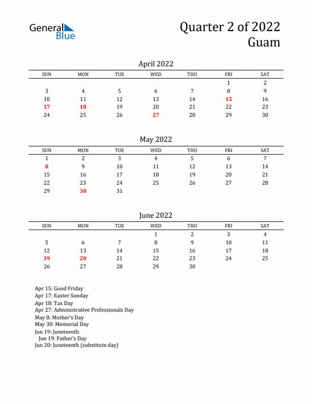 Quarter 2 2022 Guam Quarterly Calendar