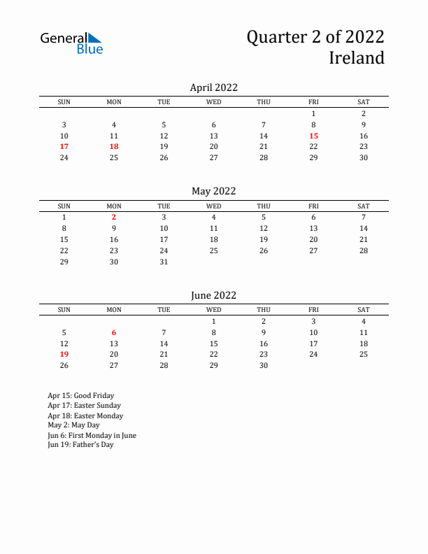 Quarter 2 2022 Ireland Quarterly Calendar