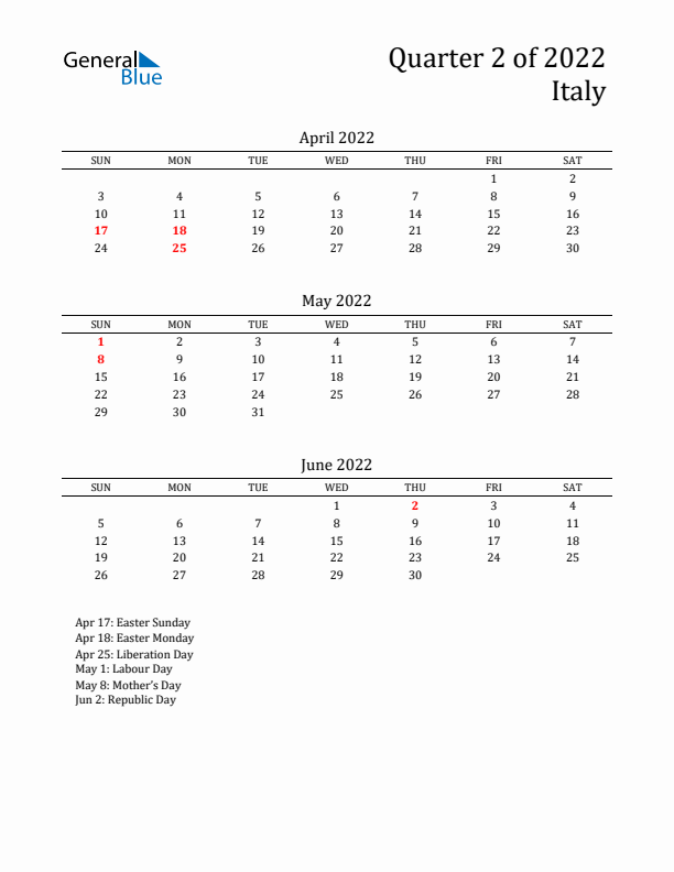 Quarter 2 2022 Italy Quarterly Calendar