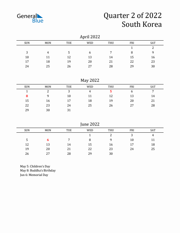 Quarter 2 2022 South Korea Quarterly Calendar