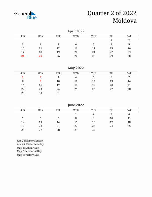 Quarter 2 2022 Moldova Quarterly Calendar