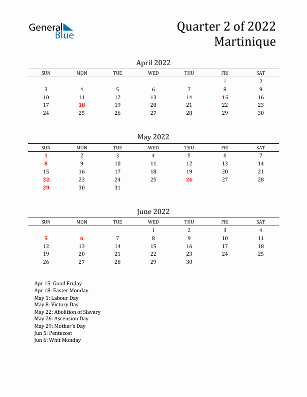 Quarter 2 2022 Martinique Quarterly Calendar