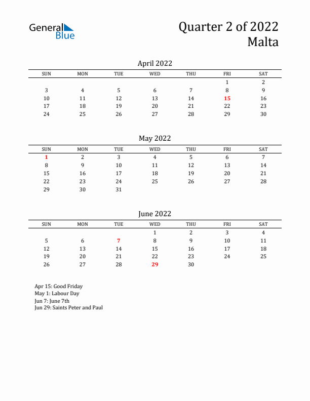 Quarter 2 2022 Malta Quarterly Calendar