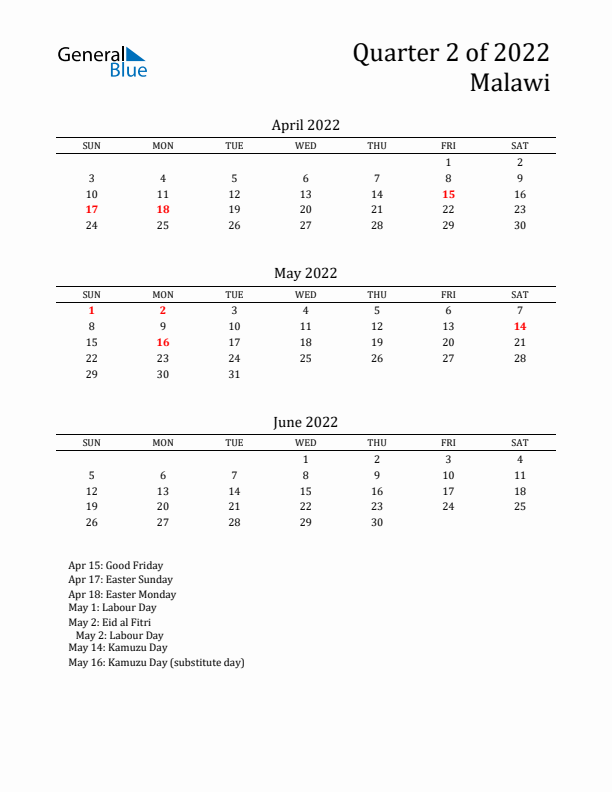 Quarter 2 2022 Malawi Quarterly Calendar