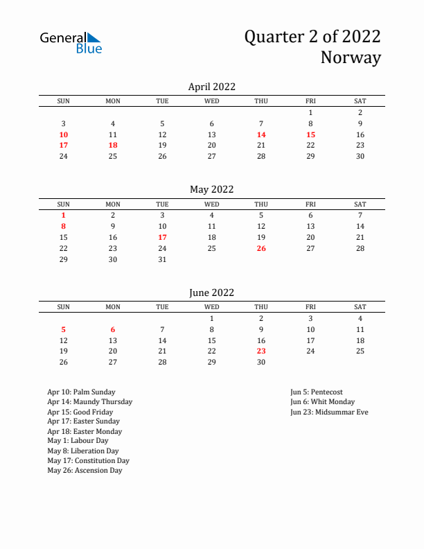 Quarter 2 2022 Norway Quarterly Calendar