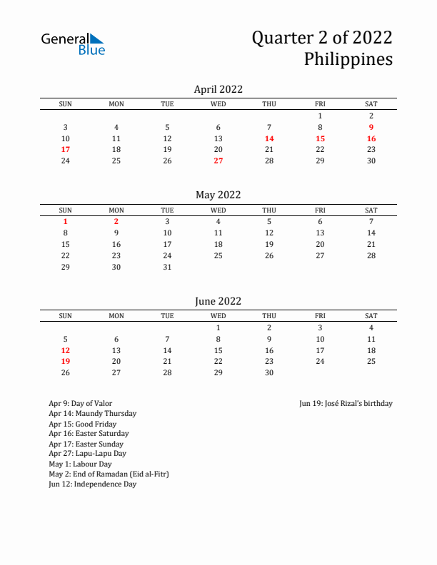 Quarter 2 2022 Philippines Quarterly Calendar