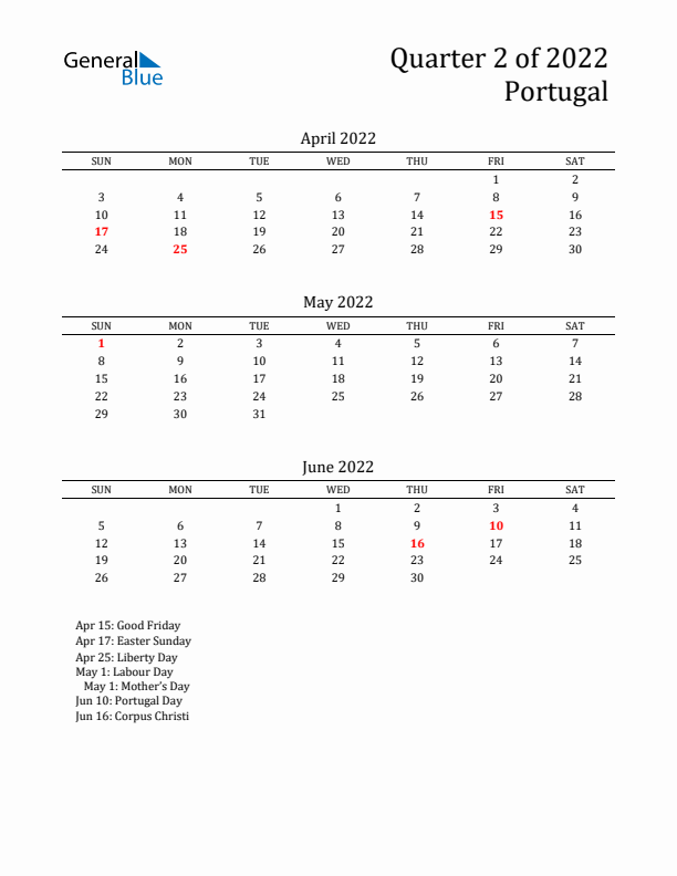 Quarter 2 2022 Portugal Quarterly Calendar