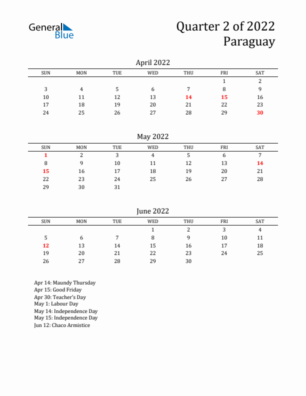 Quarter 2 2022 Paraguay Quarterly Calendar