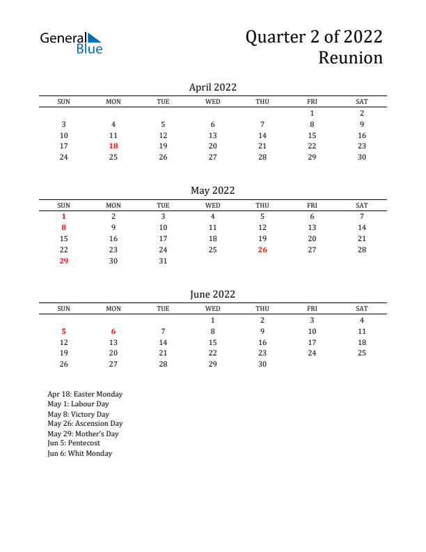 Quarter 2 2022 Reunion Quarterly Calendar