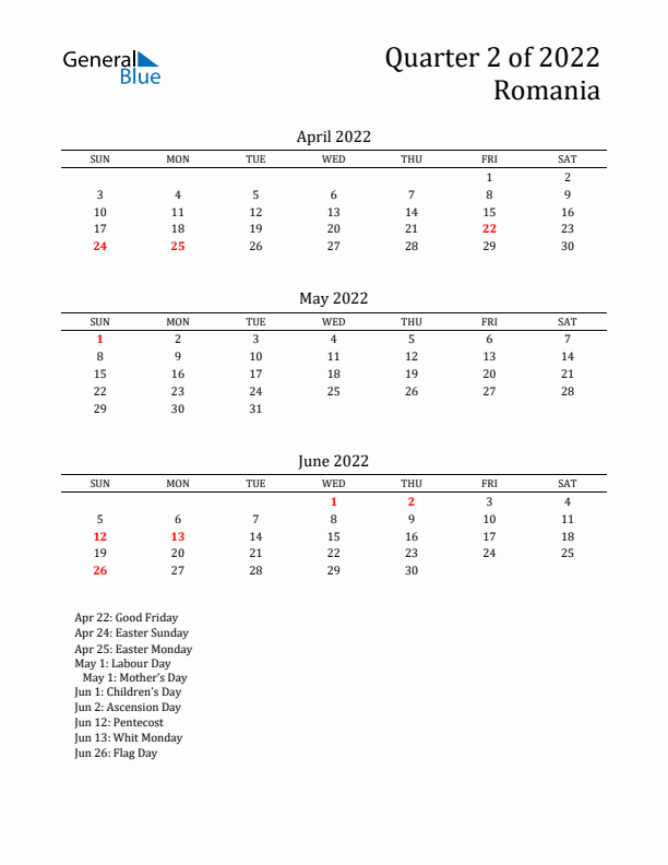 Quarter 2 2022 Romania Quarterly Calendar