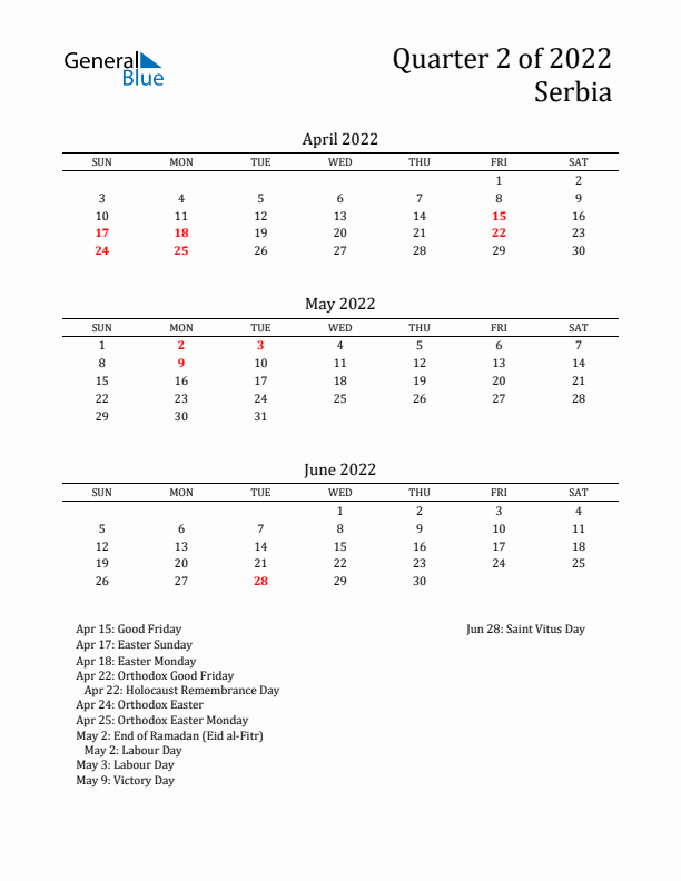 Quarter 2 2022 Serbia Quarterly Calendar