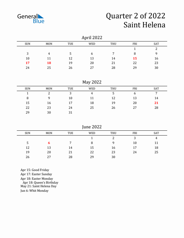 Quarter 2 2022 Saint Helena Quarterly Calendar