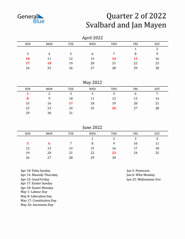 Quarter 2 2022 Svalbard and Jan Mayen Quarterly Calendar