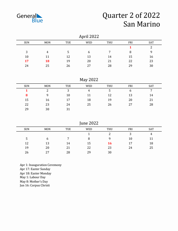 Quarter 2 2022 San Marino Quarterly Calendar