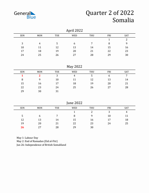 Quarter 2 2022 Somalia Quarterly Calendar