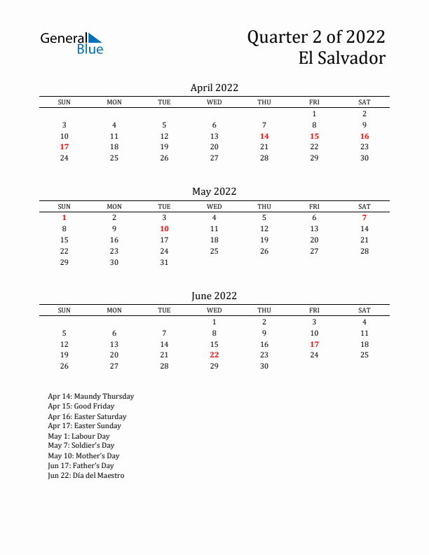 Quarter 2 2022 El Salvador Quarterly Calendar