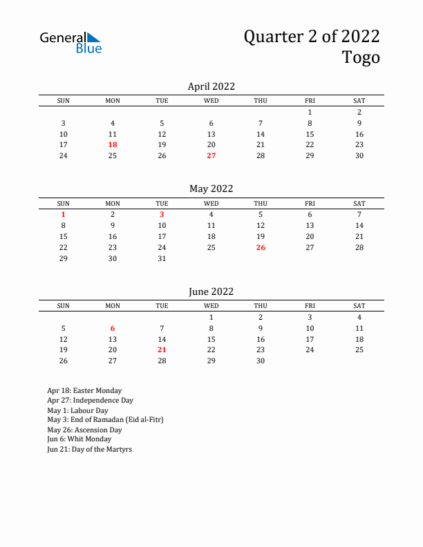 Quarter 2 2022 Togo Quarterly Calendar