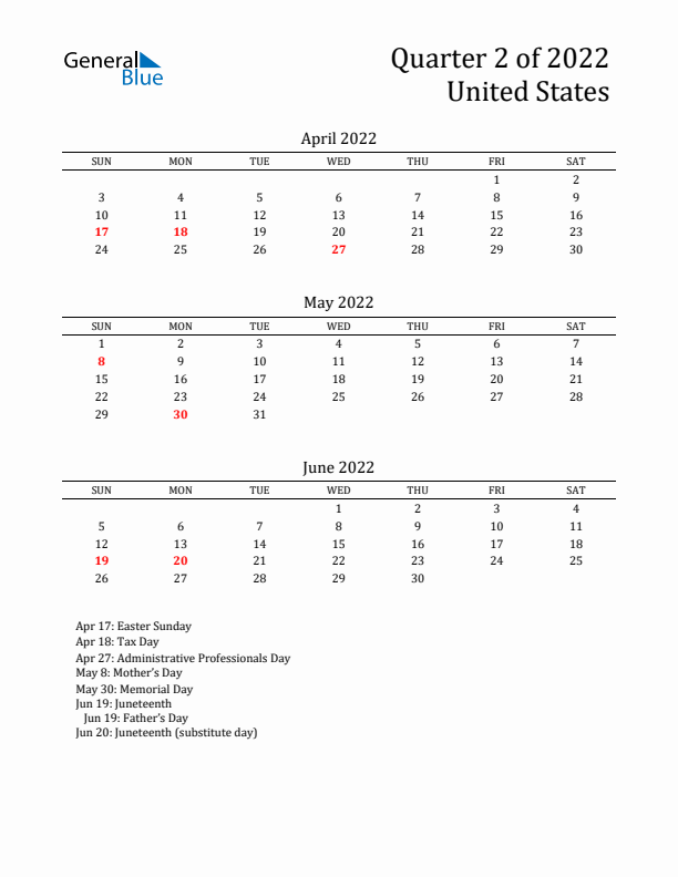 Quarter 2 2022 United States Quarterly Calendar