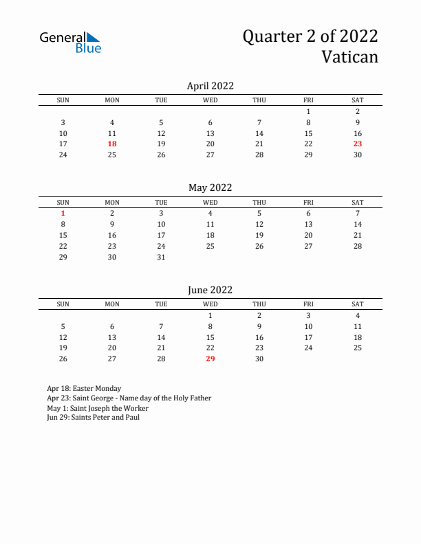 Quarter 2 2022 Vatican Quarterly Calendar