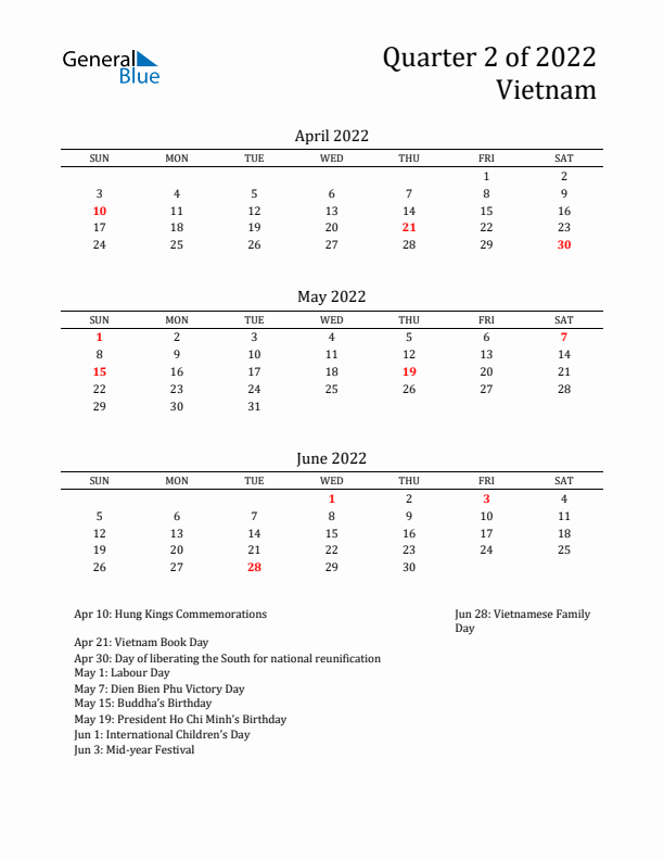 Quarter 2 2022 Vietnam Quarterly Calendar