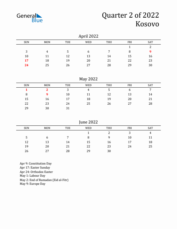 Quarter 2 2022 Kosovo Quarterly Calendar