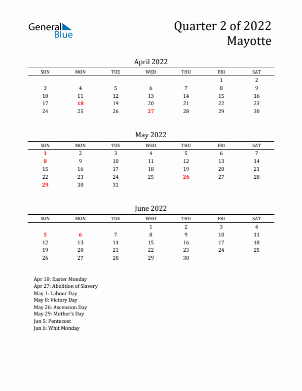 Quarter 2 2022 Mayotte Quarterly Calendar